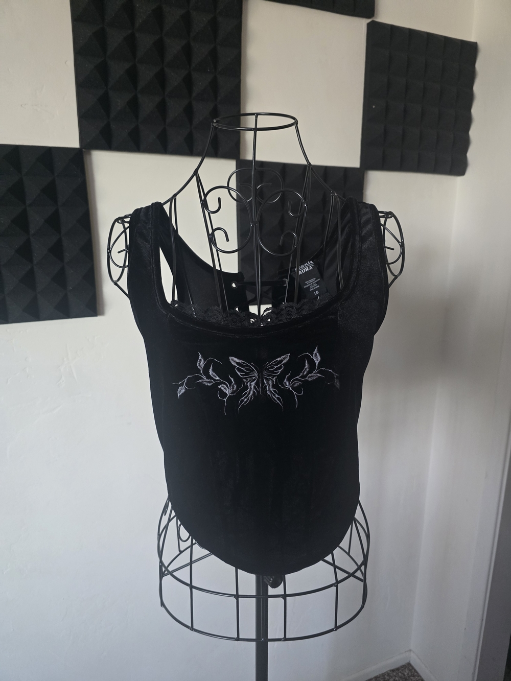 Cosmic Aura Black Velvet Tank Top with Embroidered Butterfly Size L